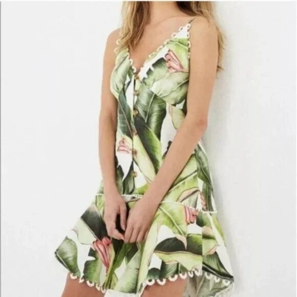 FARM Rio Plantage White Palms Linen Drop Waist Mini Dress Size XS - Picture 3 of 10